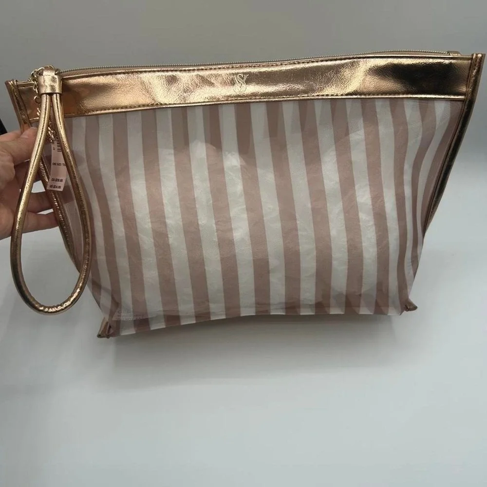 NWT Victoria's Secret Stripe Clear Cosmetic Bag Rose Gold Metallic Makeup Pouch